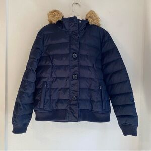 G.H. Bass & Co Navy Blue Down Puffer Jacket Womens Size Large Coat Fur Trim